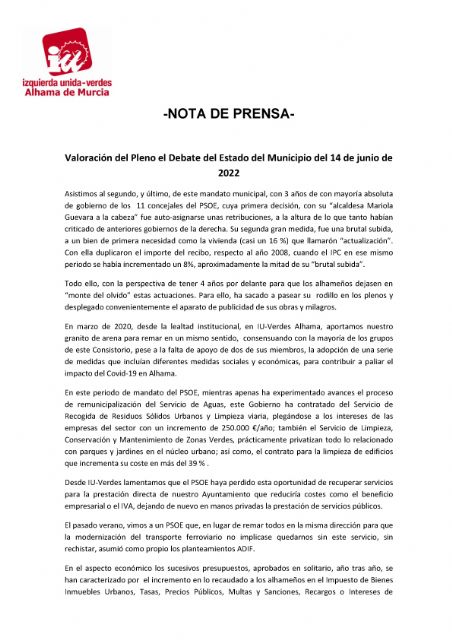 Valoración del Pleno el Debate del Estado del Municipio del 14 de junio de 2022. IU-verdes Alhama de Murcia