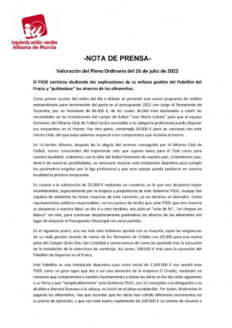 El PSOE continúa eludiendo dar explicaciones de su nefasta gestión del Pabellón del Praico y 'puliéndose' los ahorros de los alhameños