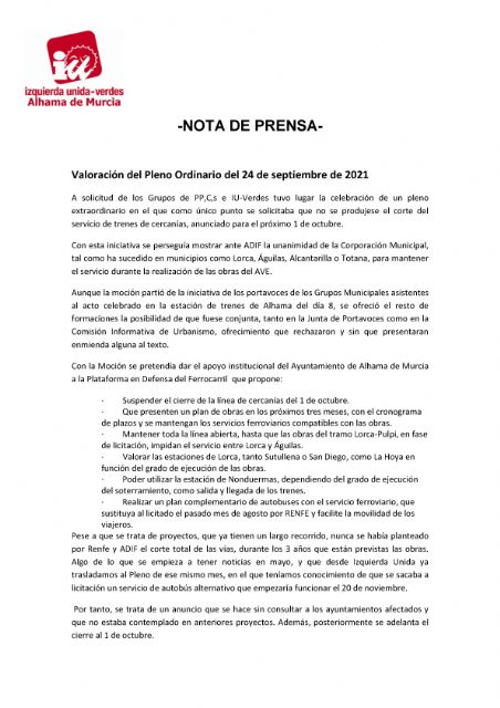 Valoración del Pleno Ordinario del 24 de septiembre de 2021. IU-verdes Alhama de Murcia