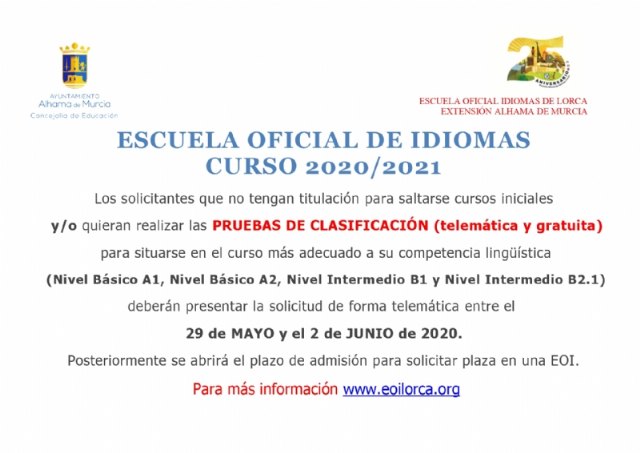 Abierto el plazo de solicitud para la prueba de clasificación de la Escuela Oficial de Idiomas curso 2020-2021