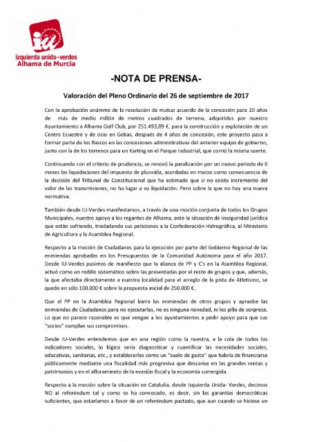 Valoración del Pleno Ordinario del 26 de septiembre de 2017 - IU-verdes Alhama de Murcia