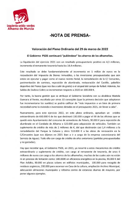 Valoración del Pleno Ordinario del 29 de marzo de 2022. IU-verdes Alhama de Murcia